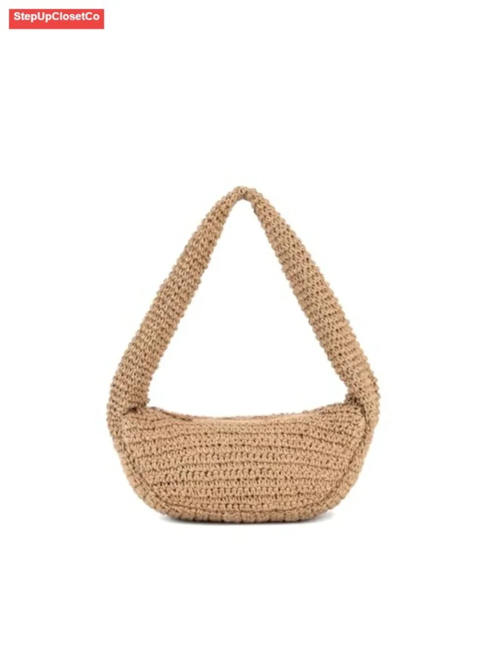 Woven Straw Hobo Shoulder Bag with Zipper, Retro Half Moon Tote Purse for Summer